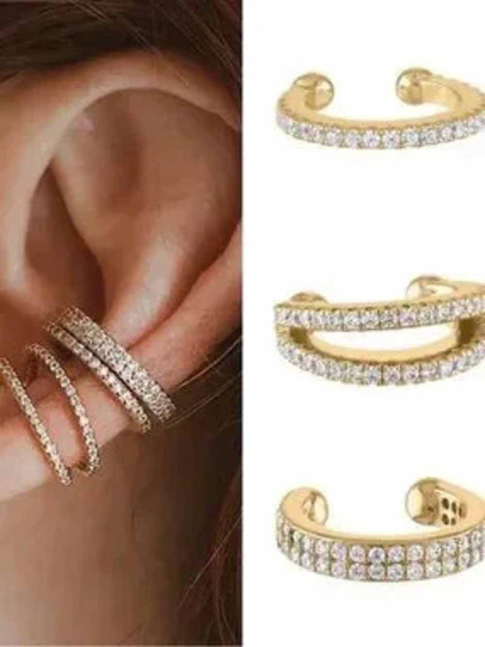 Gold double Crystal Ear Cuff - Women Jewelry